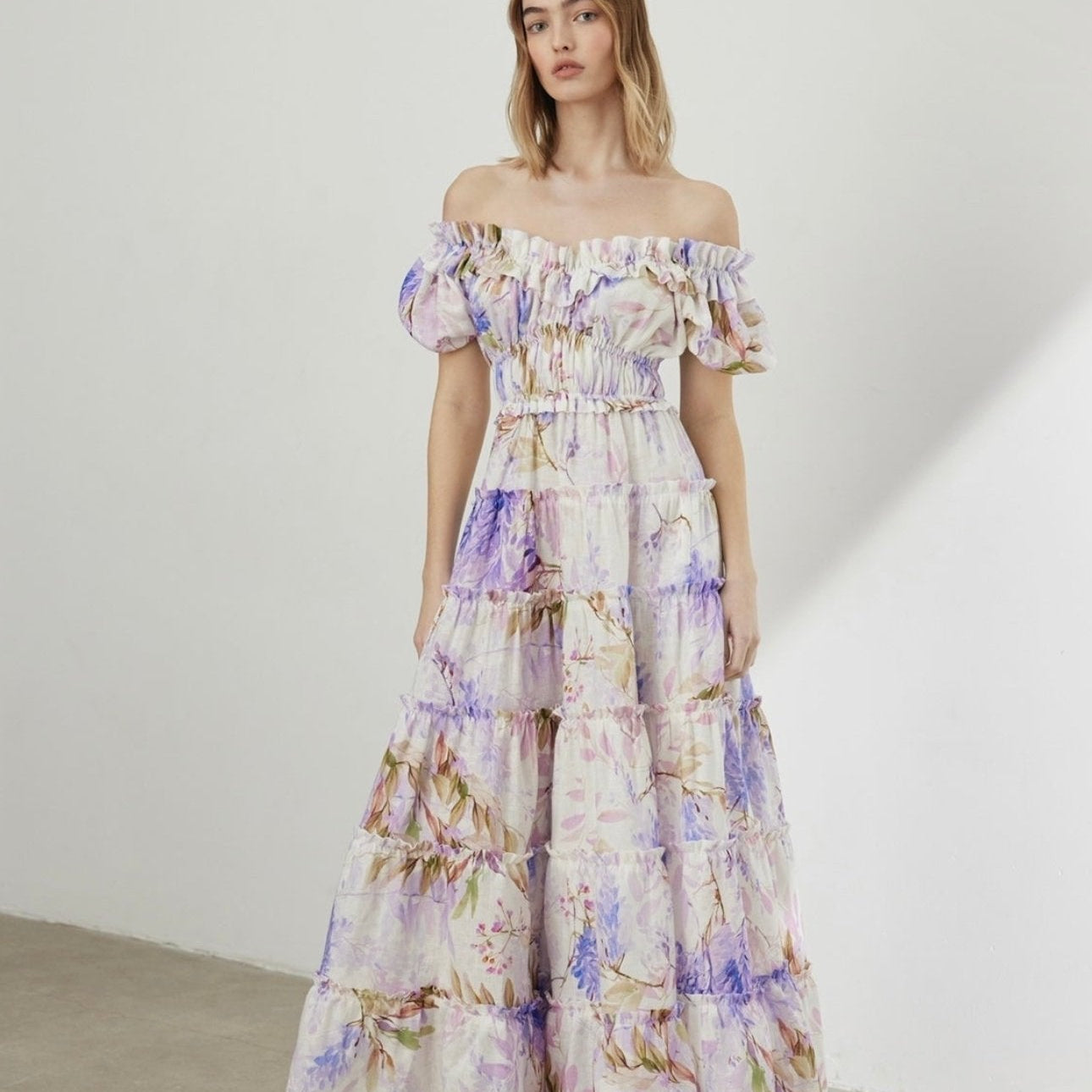 Heather Baskılı Fırfırlı Katlı Uzun Elbise