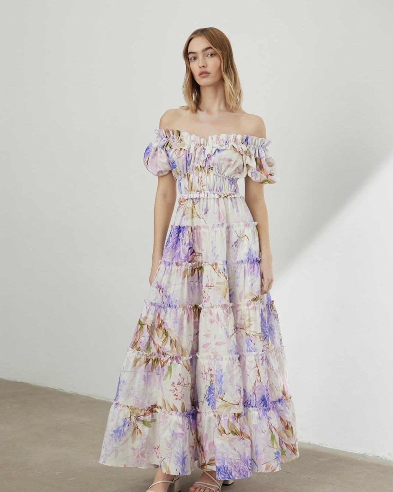 Heather Baskılı Fırfırlı Katlı Uzun Elbise