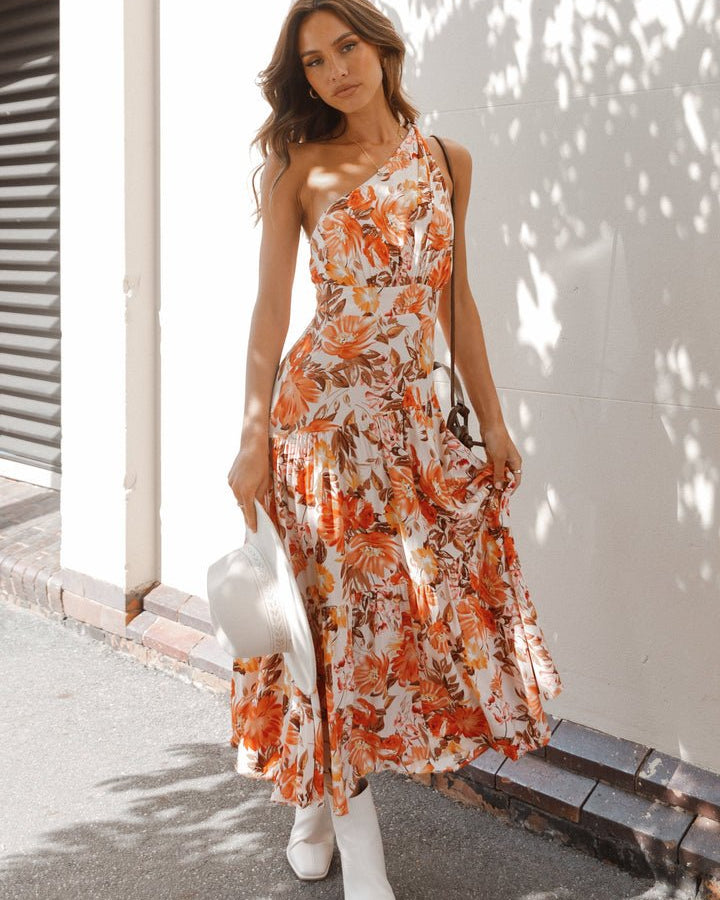 Hedda Baskılı Tek Omuz Katlı Uzun Elbise