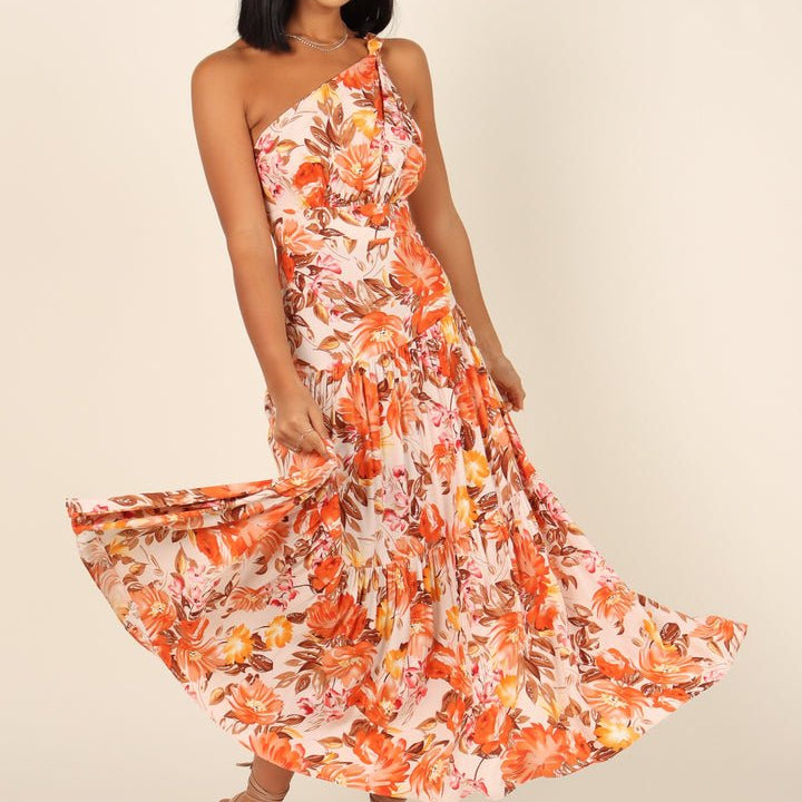 Hedda Baskılı Tek Omuz Katlı Uzun Elbise