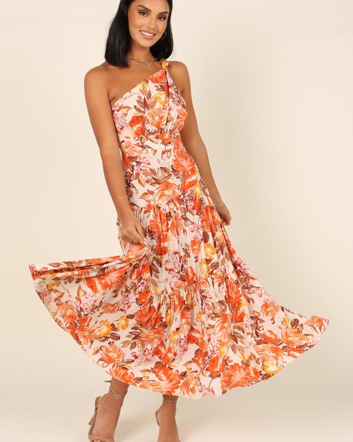 Hedda Baskılı Tek Omuz Katlı Uzun Elbise