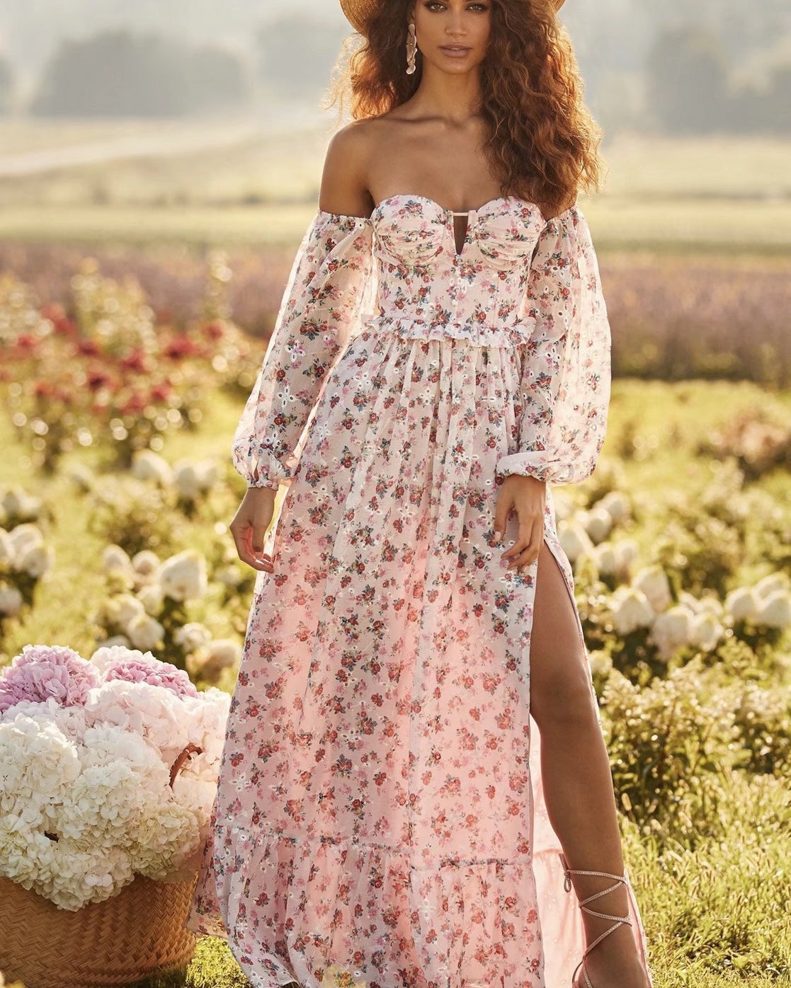 Helena Baskılı Nakışlı Düşük Omuz Maxi Elbise