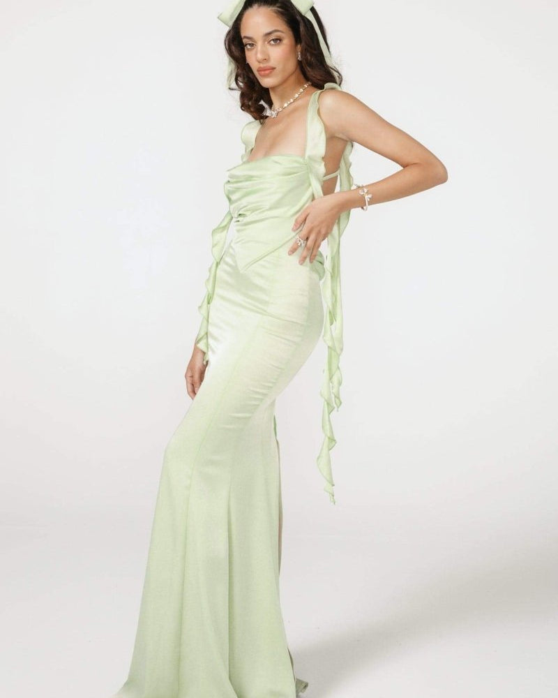 Hilda Ruffle Ribbon Sırtı Açık Uzun Elbise