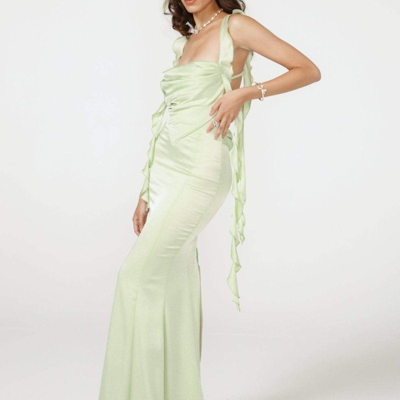 Hilda Ruffle Ribbon Sırtı Açık Uzun Elbise