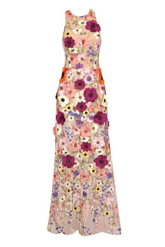 Andrea Çiçek İşlemeli Kolsuz Uzun Elbise