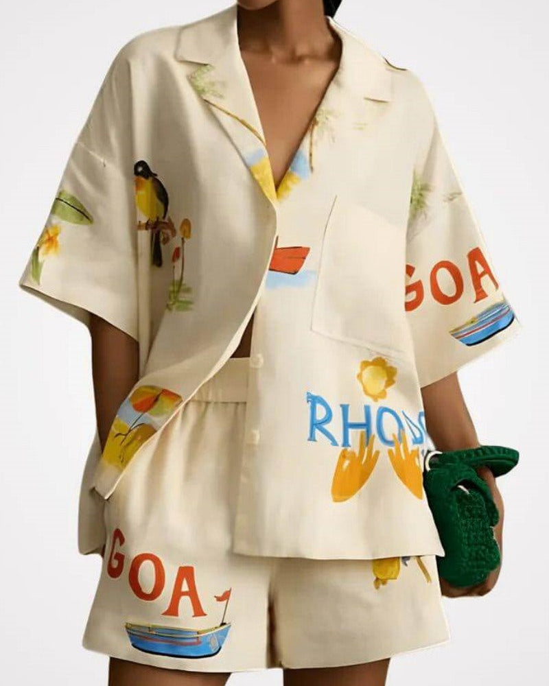 Benzersiz Tatil Halk Çiçek Baskı Gevşek Şort İki Parçalı Set