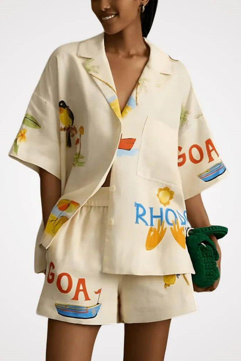 Benzersiz Tatil Halk Çiçek Baskı Gevşek Şort İki Parçalı Set