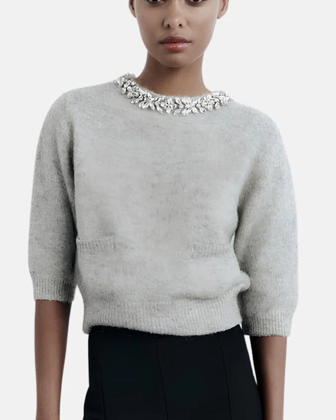 Yuvarlak Yaka Kristal İşlemeli Örgü Kazak