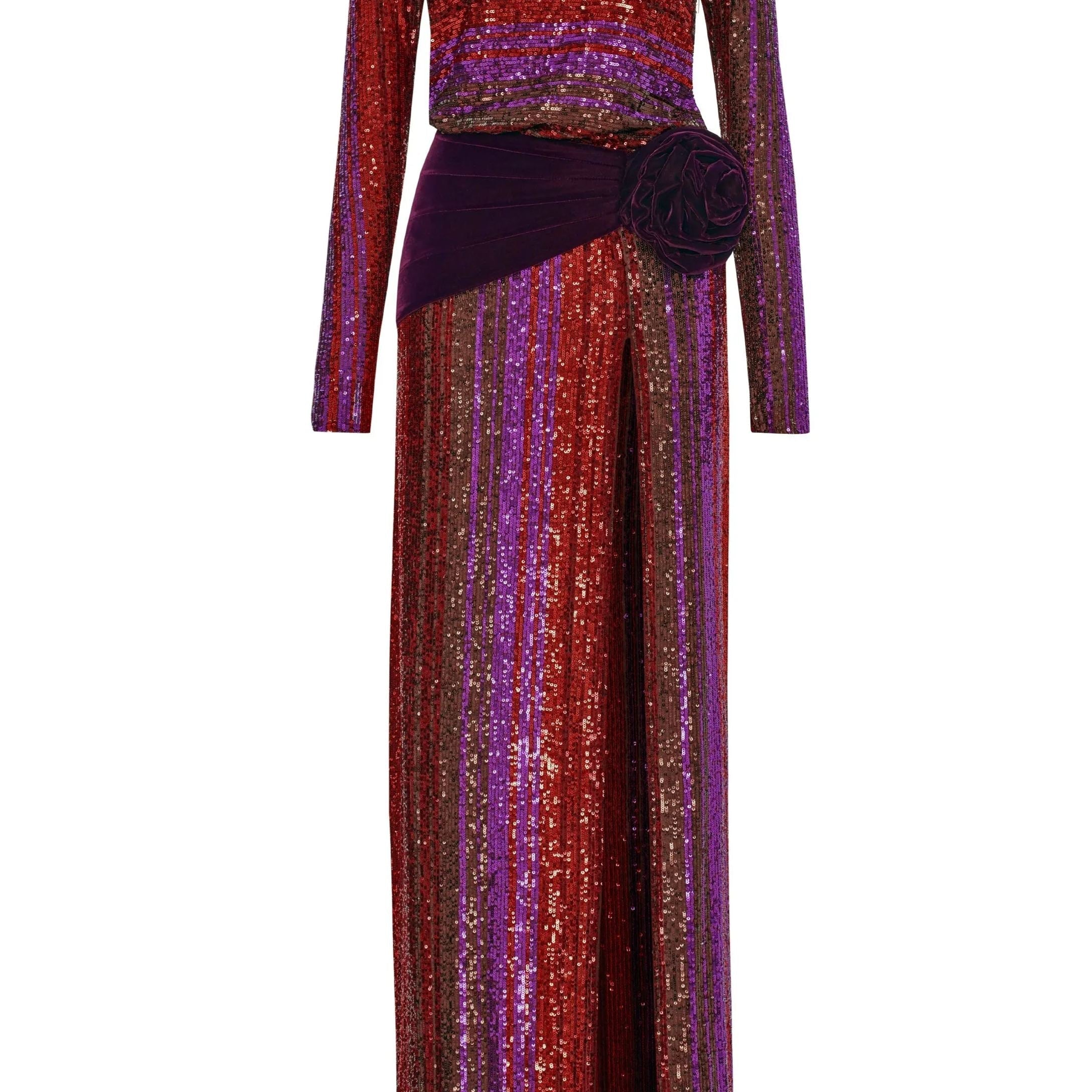 Fravia Payetler Kadife Yırtmaçlı Maxi Elbise