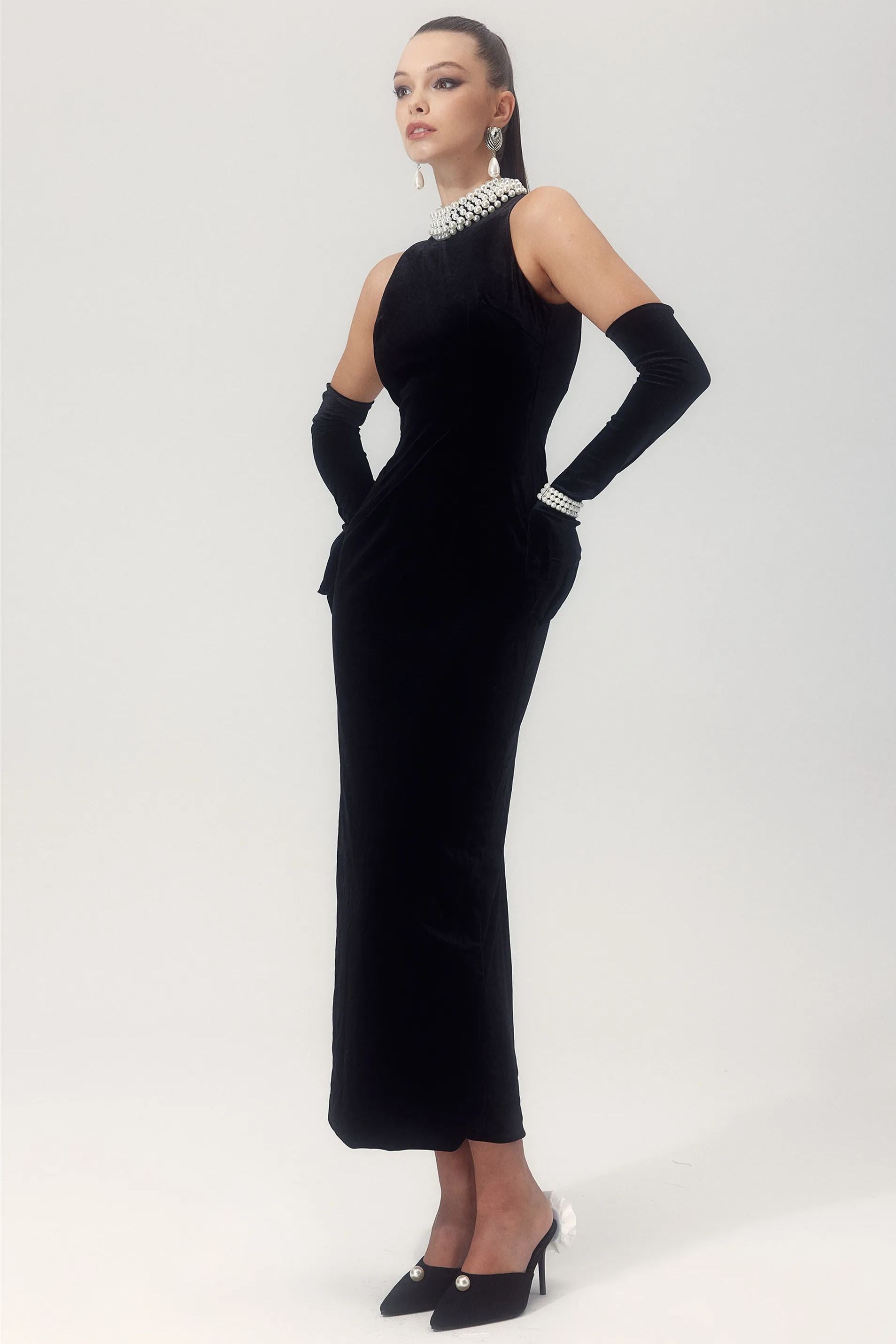 Alexia İnci İşlemeli Sırtı Açık Kadife Maxi Elbise