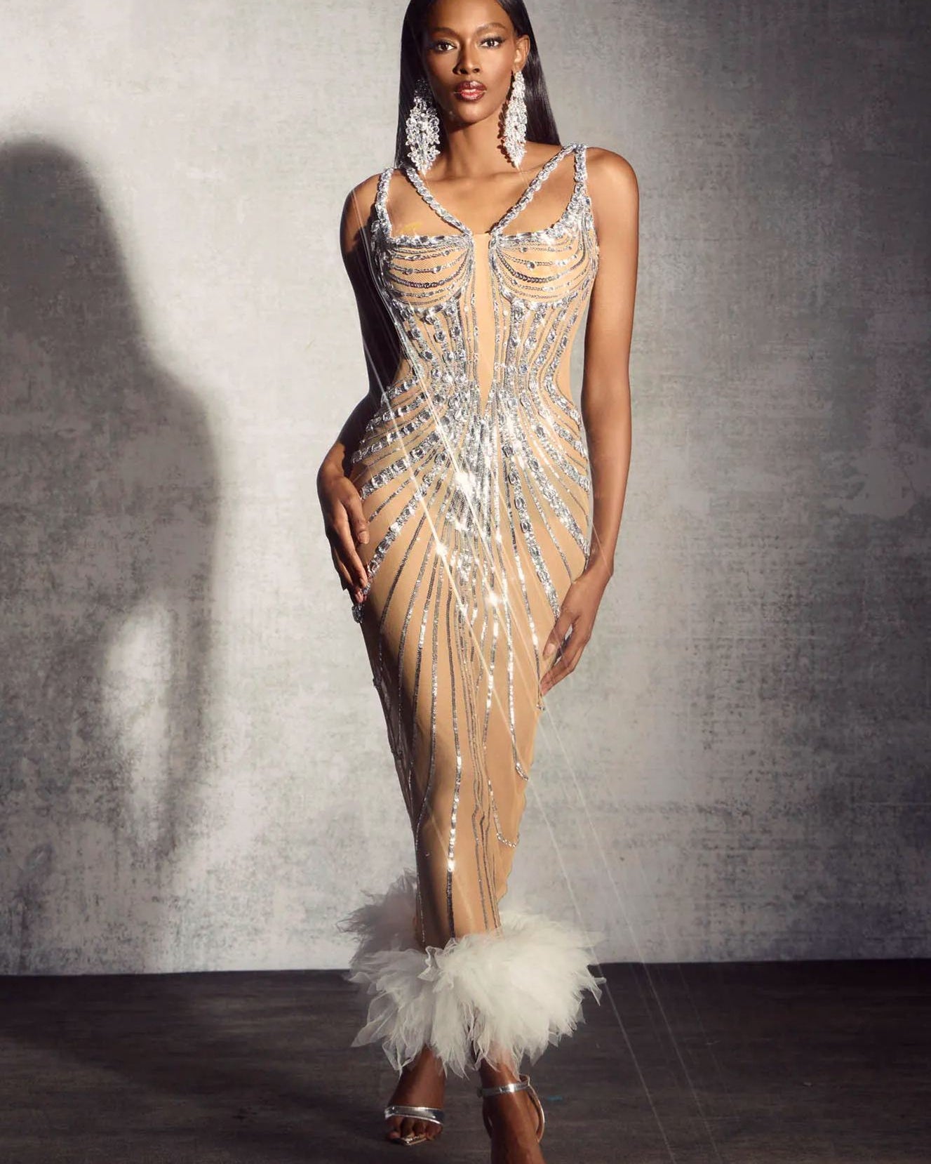 Lena Taşlı Taşlı Tüy Detaylı Maxi Elbise