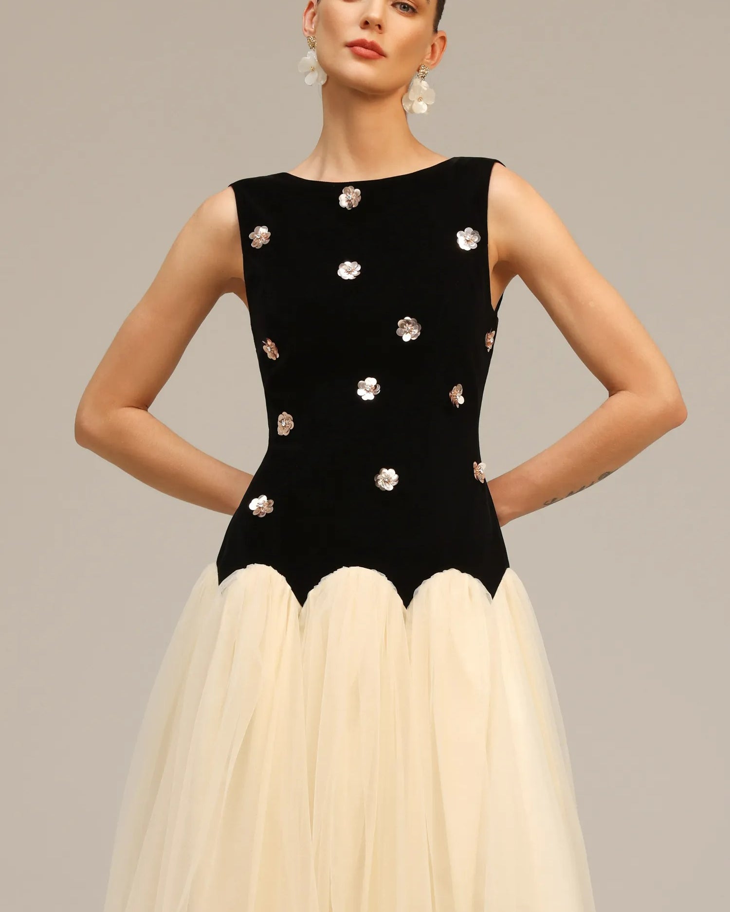 Vintage Kontrast Tül Midi Elbise