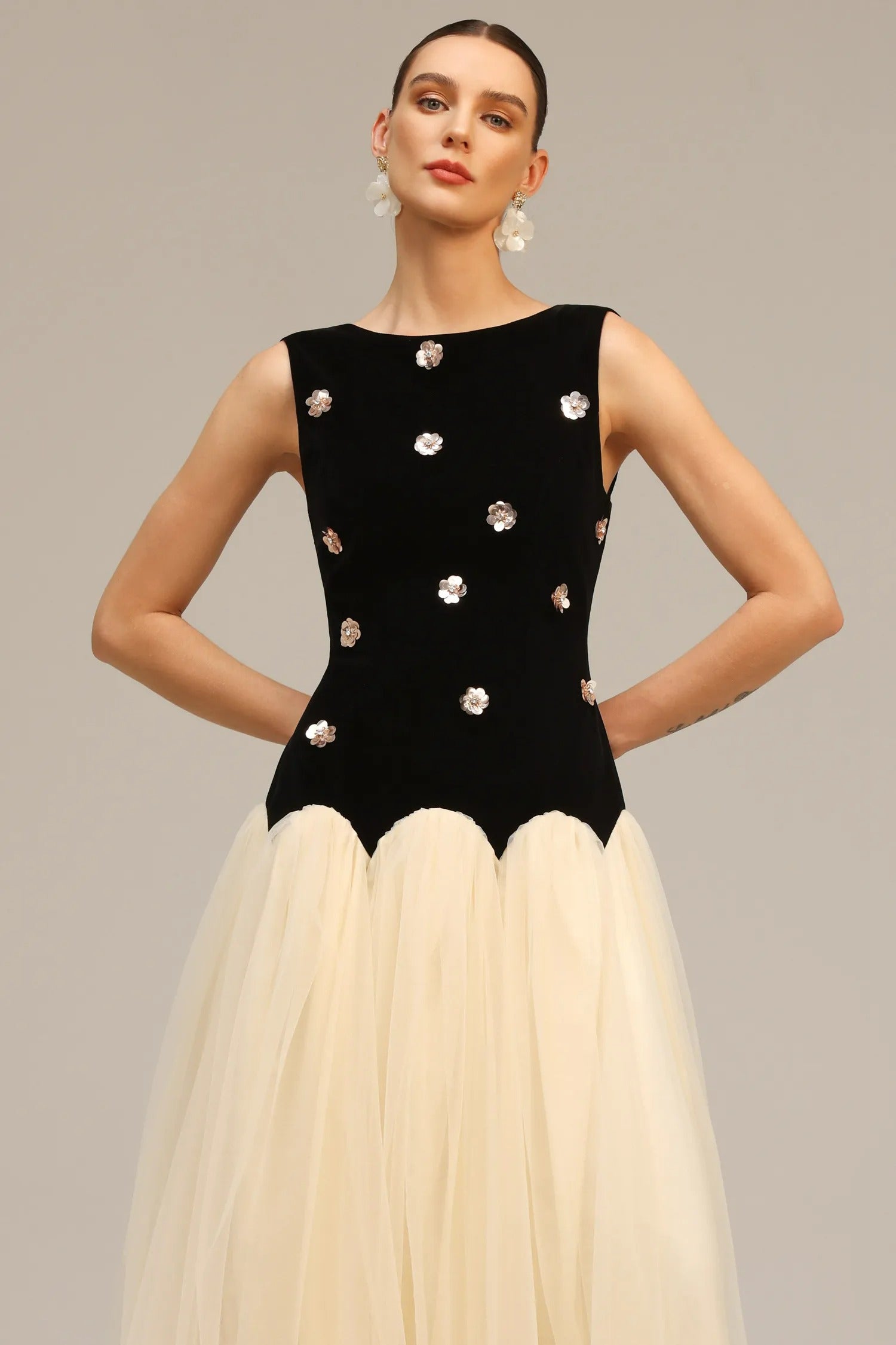 Vintage Kontrast Tül Midi Elbise