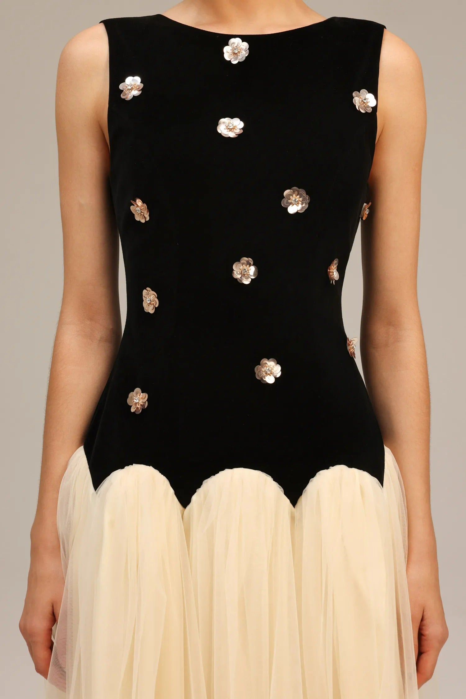 Vintage Kontrast Tül Midi Elbise