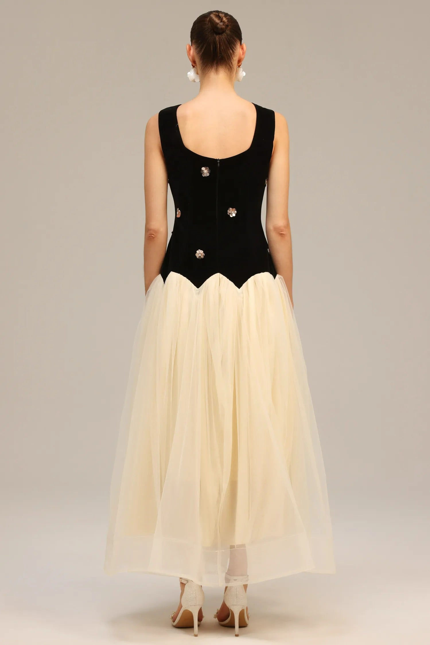 Vintage Kontrast Tül Midi Elbise