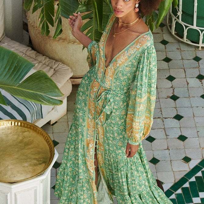 Ina Splice Baskılı Düğmeli Uzun Elbise Elbise