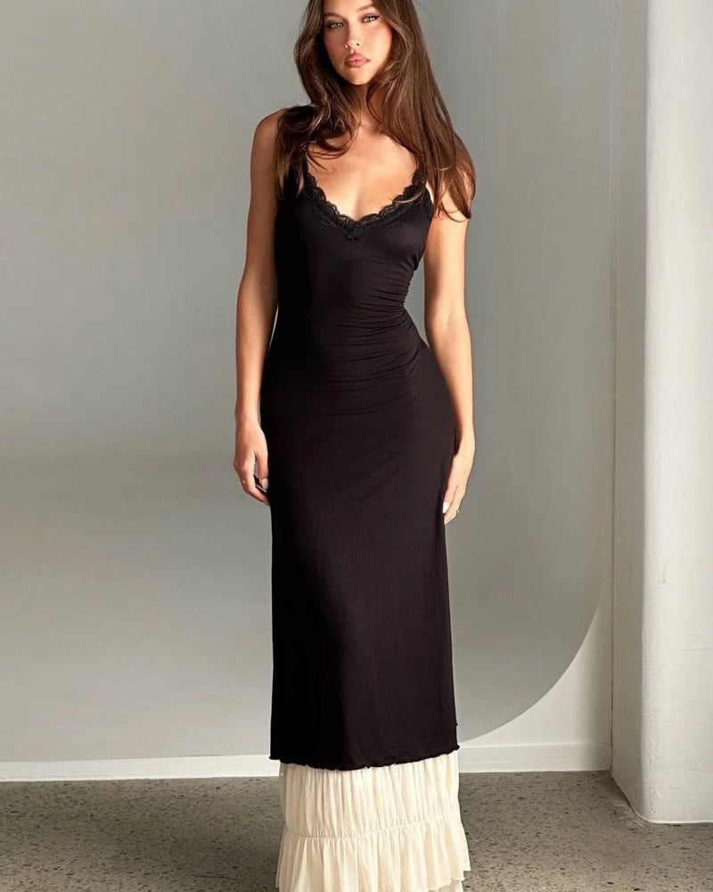 Irene V yakalı dantel süslemeli uzun elbise