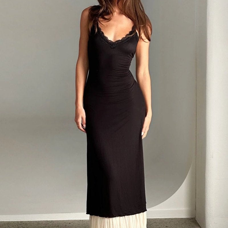 Irene V yakalı dantel süslemeli uzun elbise