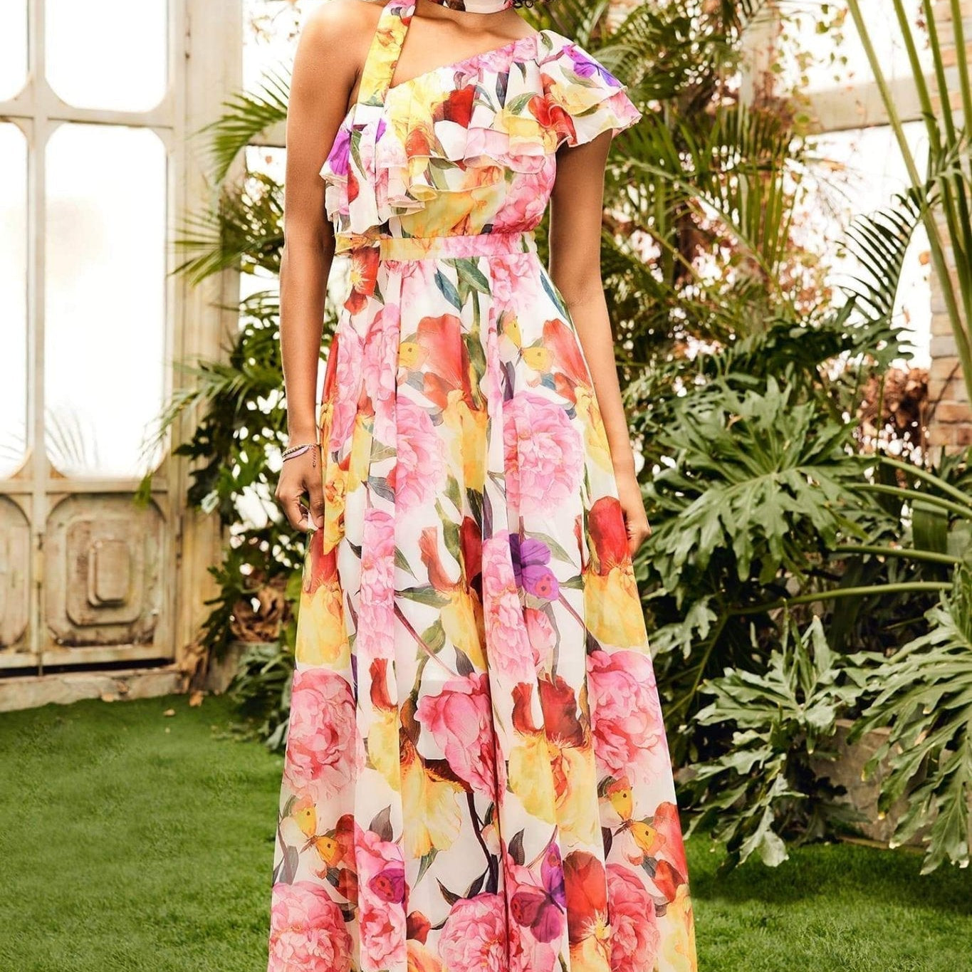 Jacqueline Tek Omuz Çiçek Baskılı Maxi Elbise