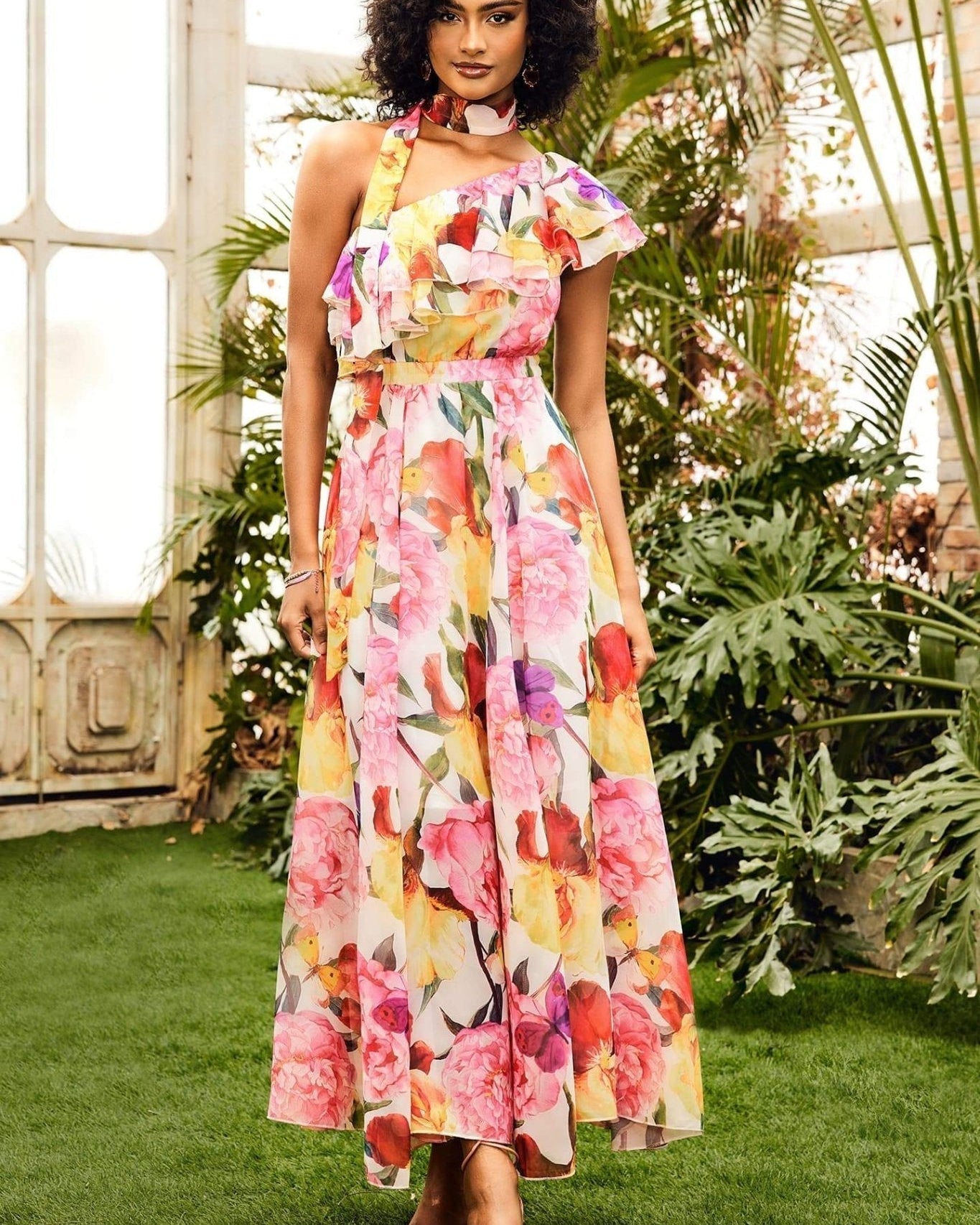 Jacqueline Tek Omuz Çiçek Baskılı Maxi Elbise