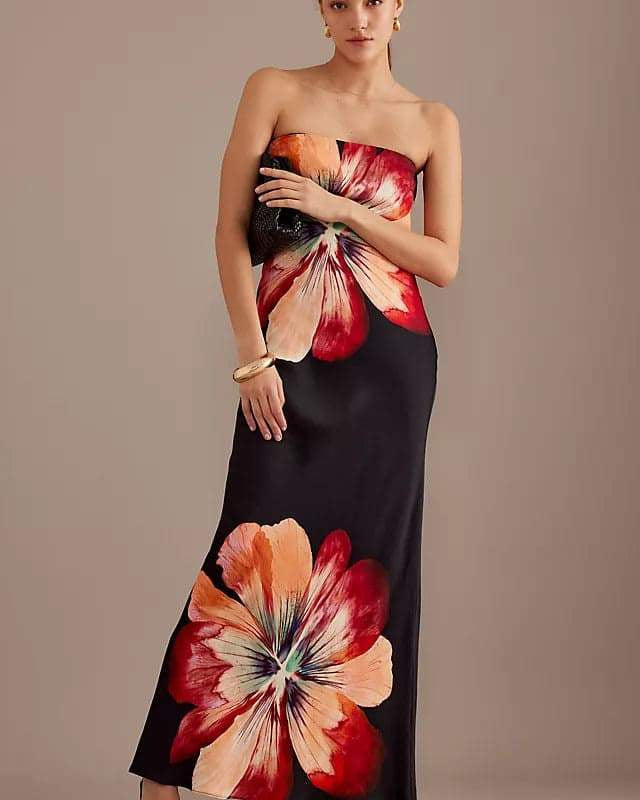 Janice Çiçek Baskılı Straplez Uzun Elbise