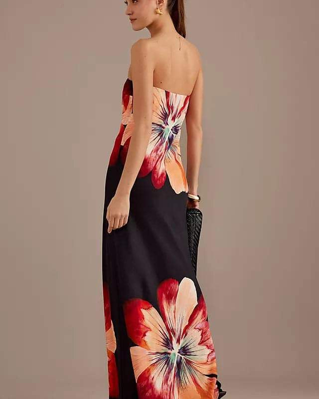 Janice Çiçek Baskılı Straplez Uzun Elbise