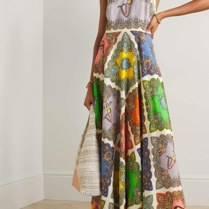 Janice Baskılı Boyundan Bağlı Uzun Elbise