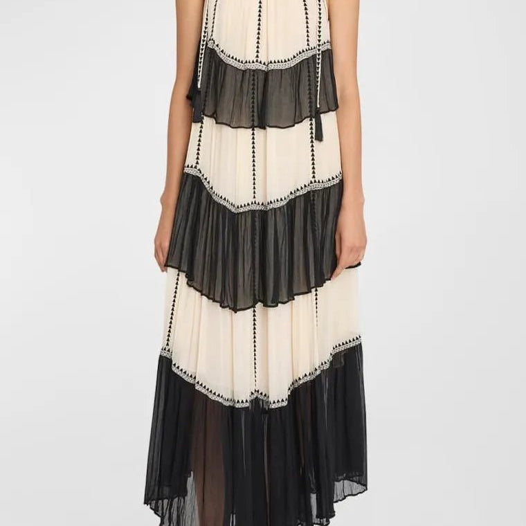 Jean Boyundan Bağlamalı Katlı Maxi Elbise