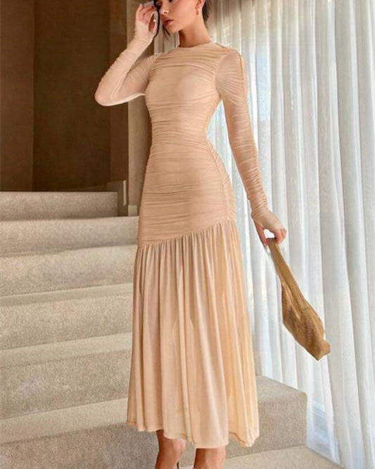 Jessie Uzun Kollu Pileli File Maxi Elbise