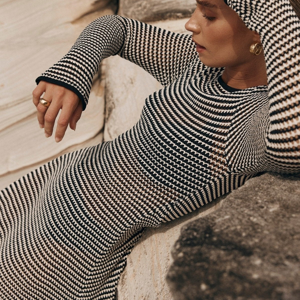 Jill Transparan Şeritli Örgü Maxi Elbise