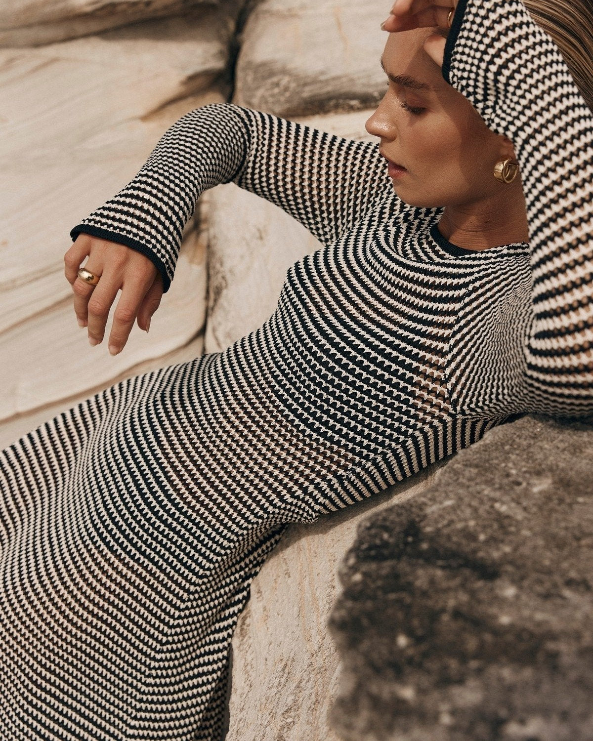 Jill Transparan Şeritli Örgü Maxi Elbise