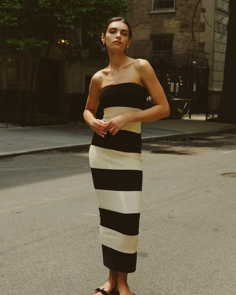 Joanne Straplez Çizgili Midi Örgü Elbise