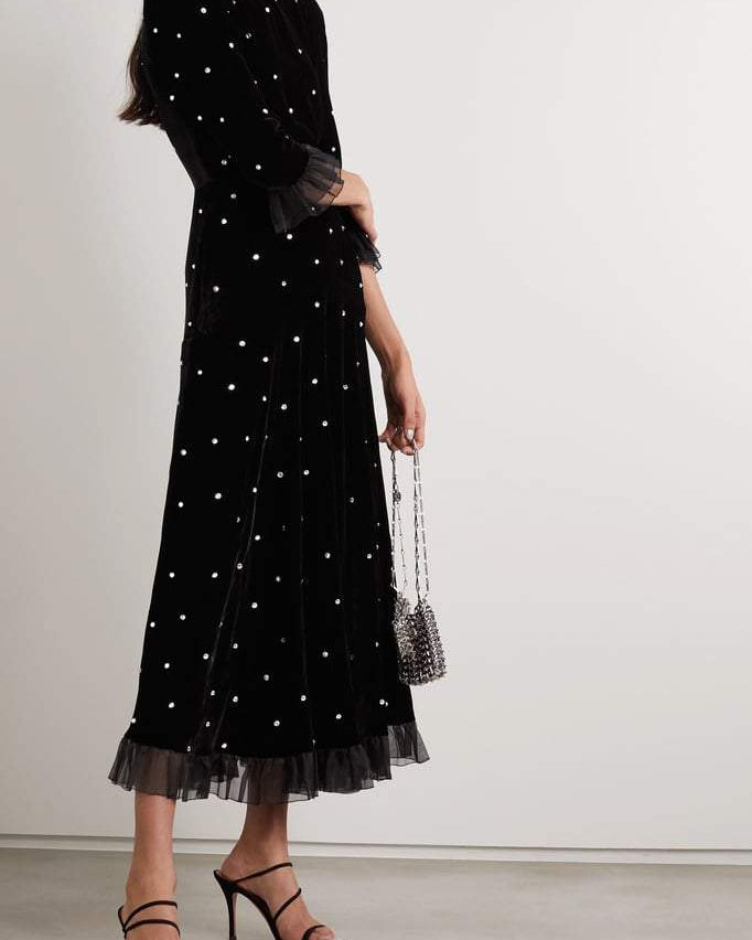 Jolie Diamante Fırfırlı Kadife Maxi Elbise