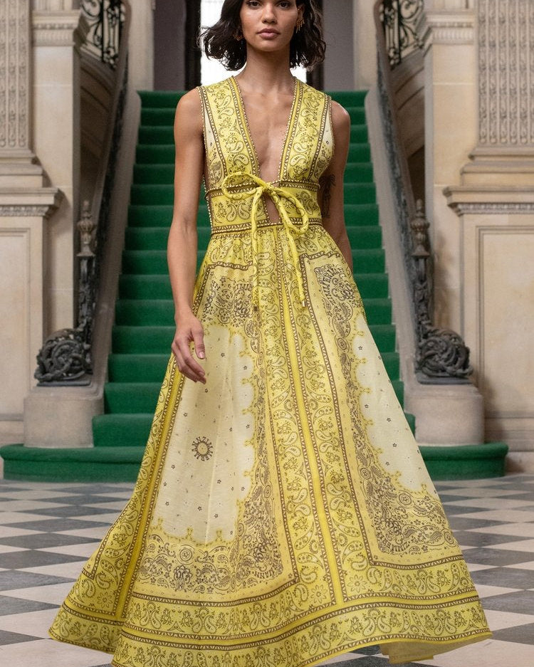 Simona Baskılı V Yaka Flare Maxi Elbise