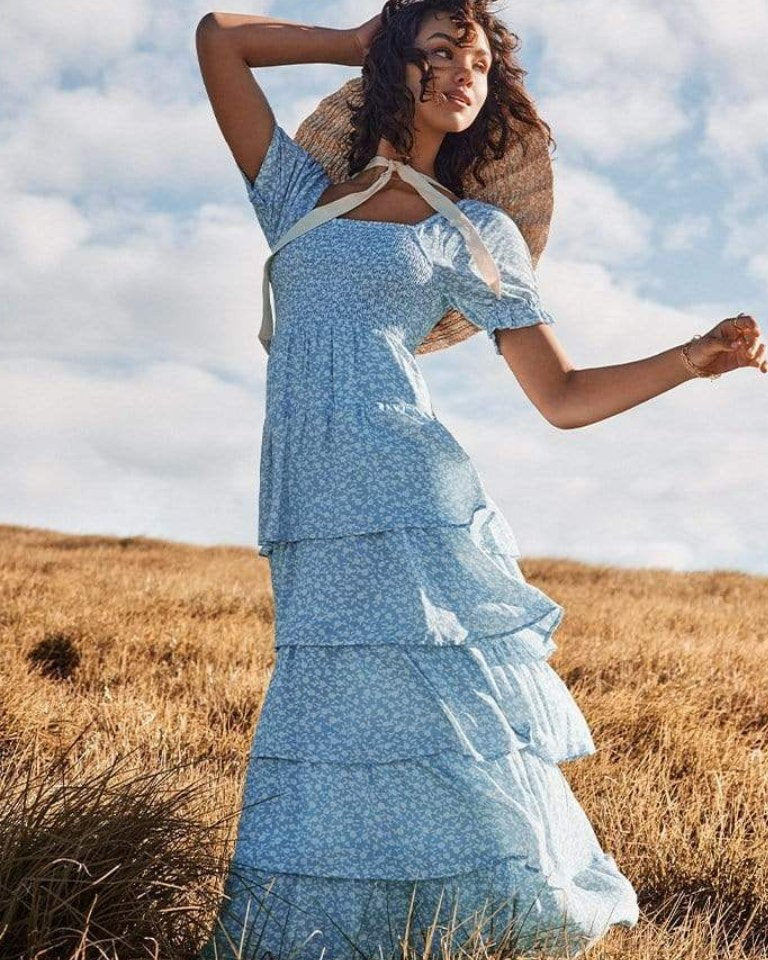 Ebbie Baskılı Papyon Büzgülü Uzun Elbise