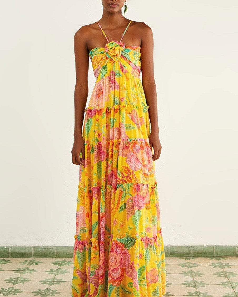 Sue Baskılı Boyundan Bağlamalı Ek Yeri Maxi Elbise