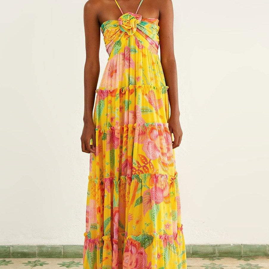 Sue Baskılı Boyundan Bağlamalı Ek Yeri Maxi Elbise