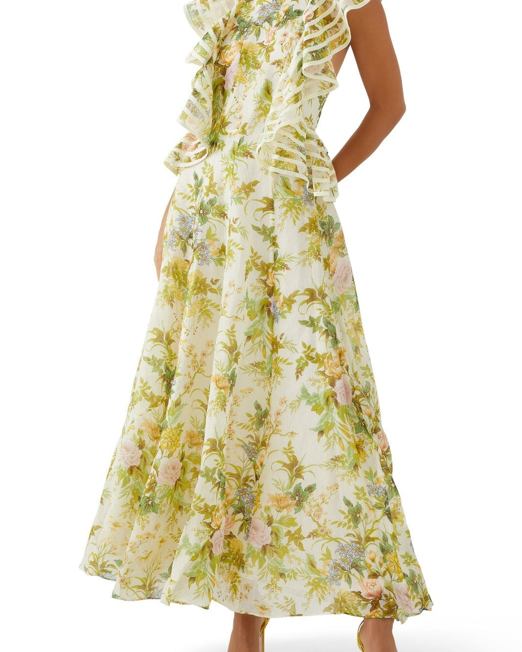 Aggie Baskılı Sırtı Açık Fırfırlı Maxi Elbise