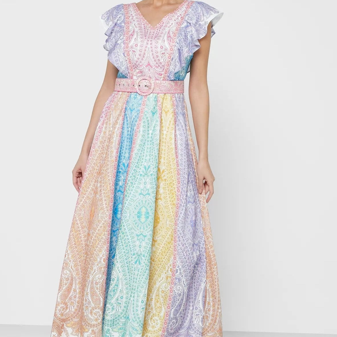 Zanna Baskılı Fırfırlı V Yaka Kemerli Uzun Elbise