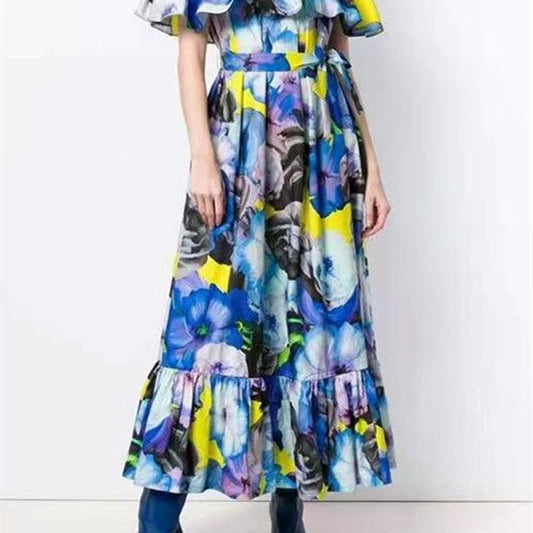 Vivien Çiçek Baskılı Düşük Omuzlu Uzun Elbise