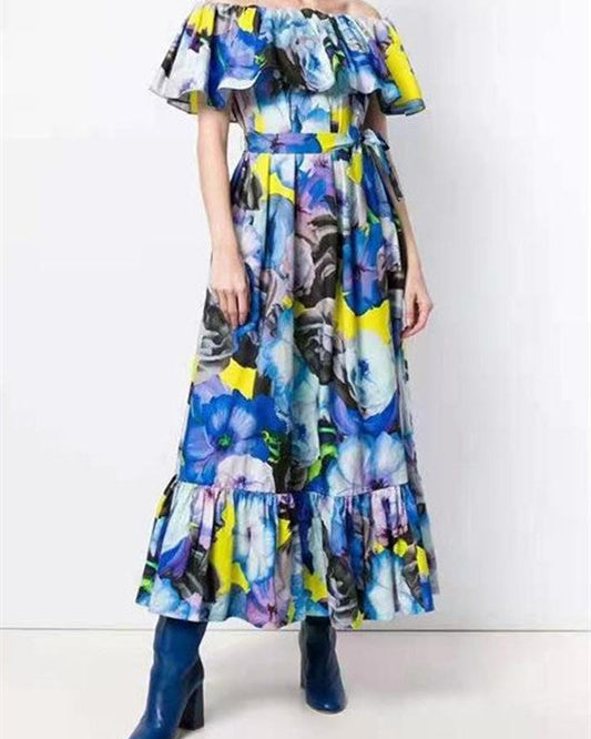 Vivien Çiçek Baskılı Düşük Omuzlu Uzun Elbise