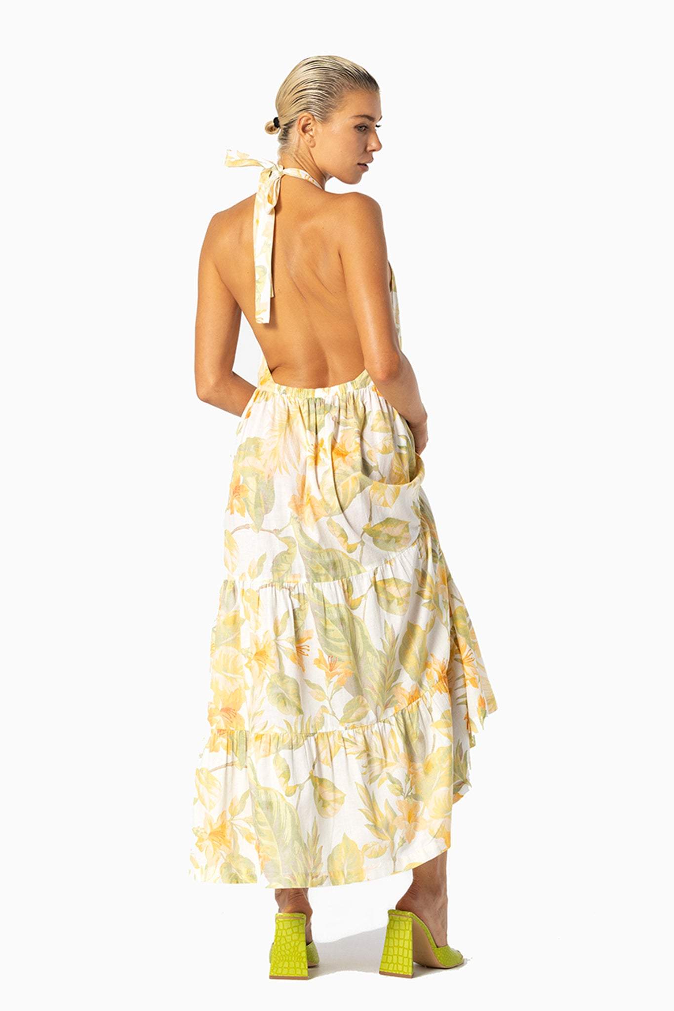 Ely Baskılı Ayçiçeği Boyundan Bağlı Sırtı Açık Uzun Elbise