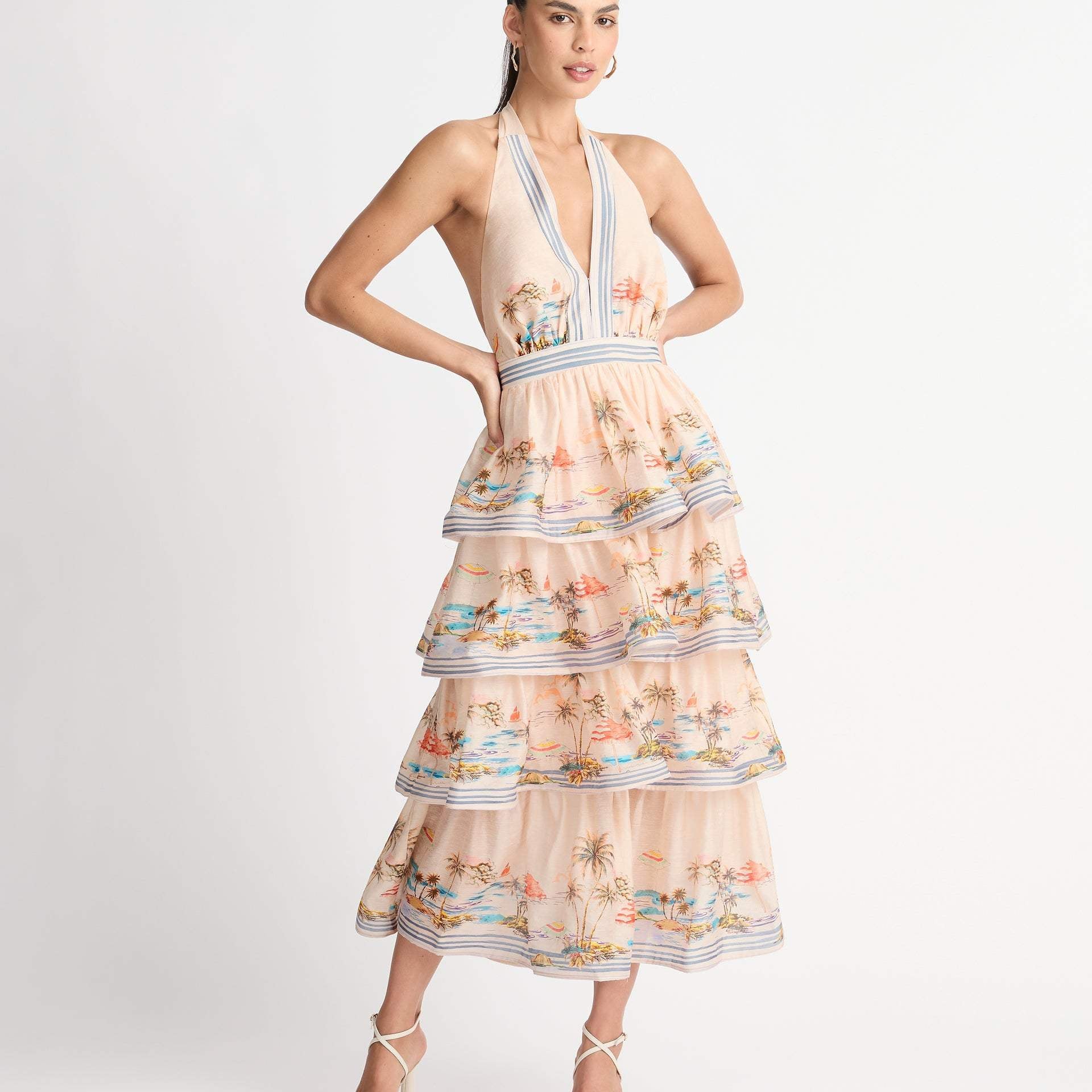 Alma Manzara Baskılı Katlı Boyundan Bağlı Uzun Elbise