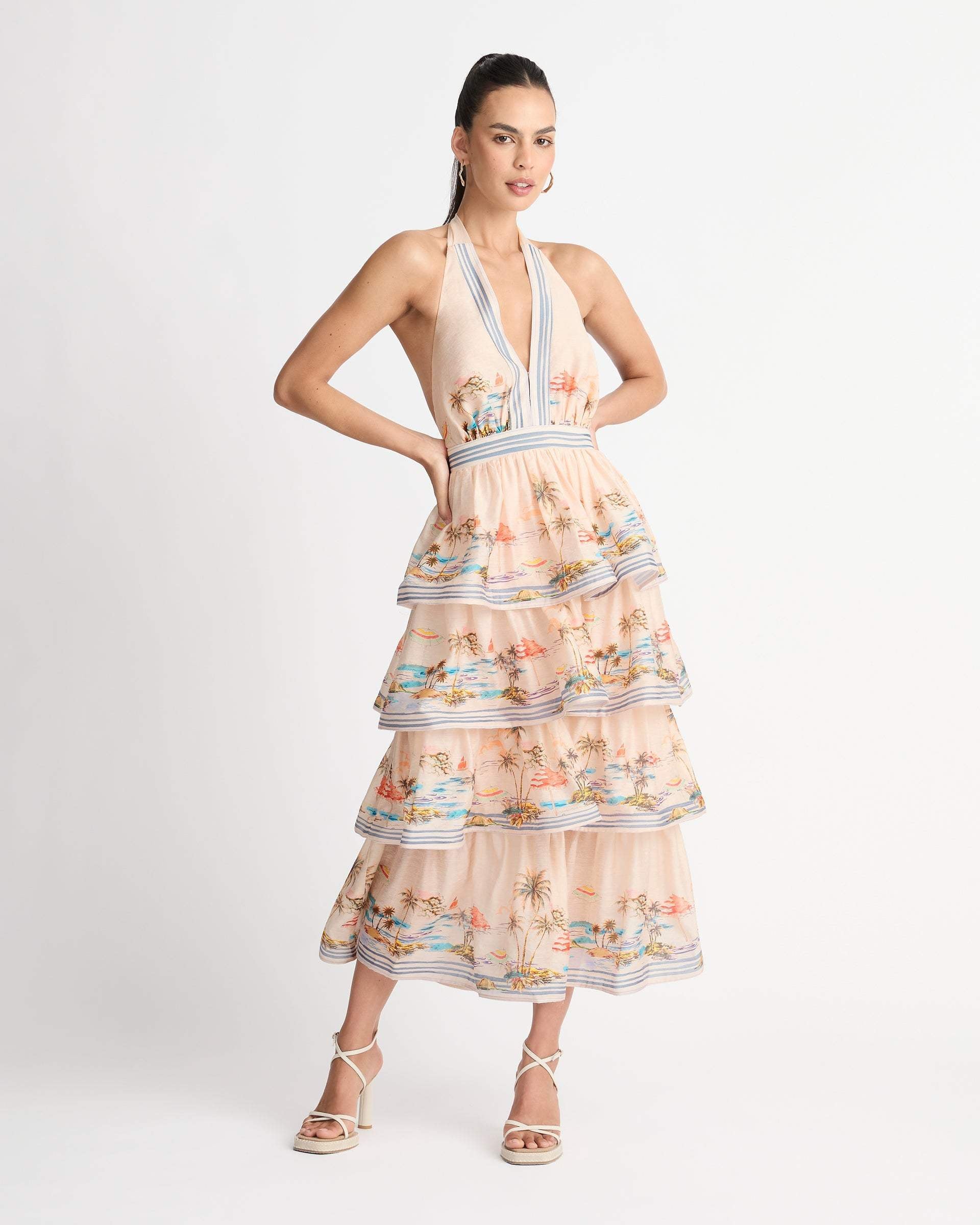 Alma Manzara Baskılı Katlı Boyundan Bağlı Uzun Elbise