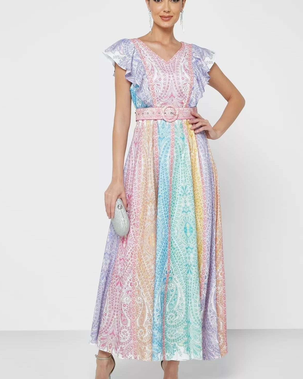 Zanna Baskılı Fırfırlı V Yaka Kemerli Uzun Elbise