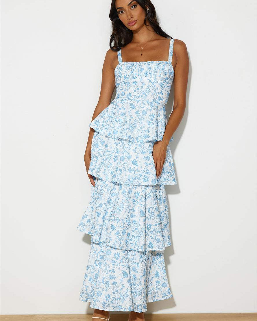 Herlmut Baskılı Papyonlu Katlı Pamuklu Maxi Elbise