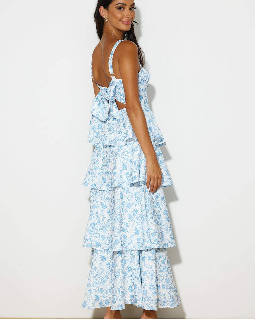 Herlmut Baskılı Papyonlu Katlı Pamuklu Maxi Elbise