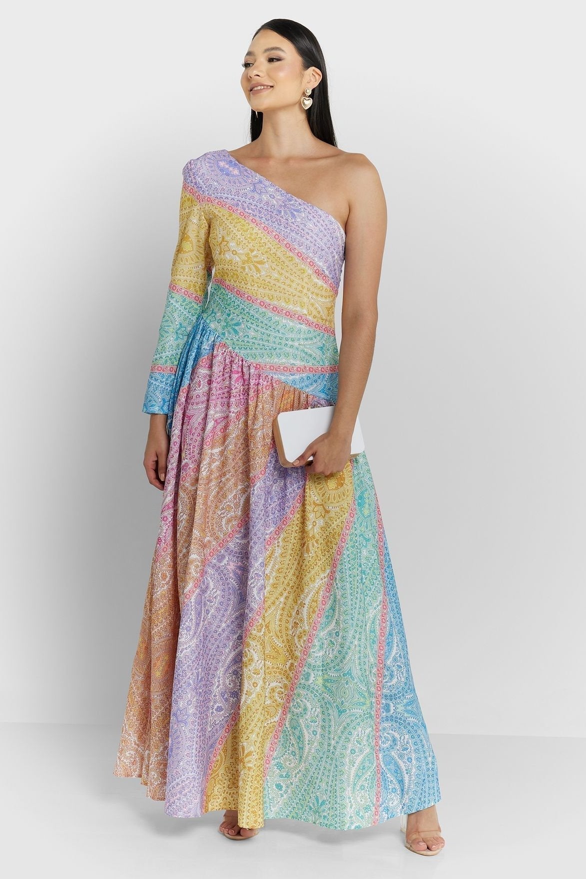 Zanna Baskılı Tek Omuz Flare Maxi Elbise