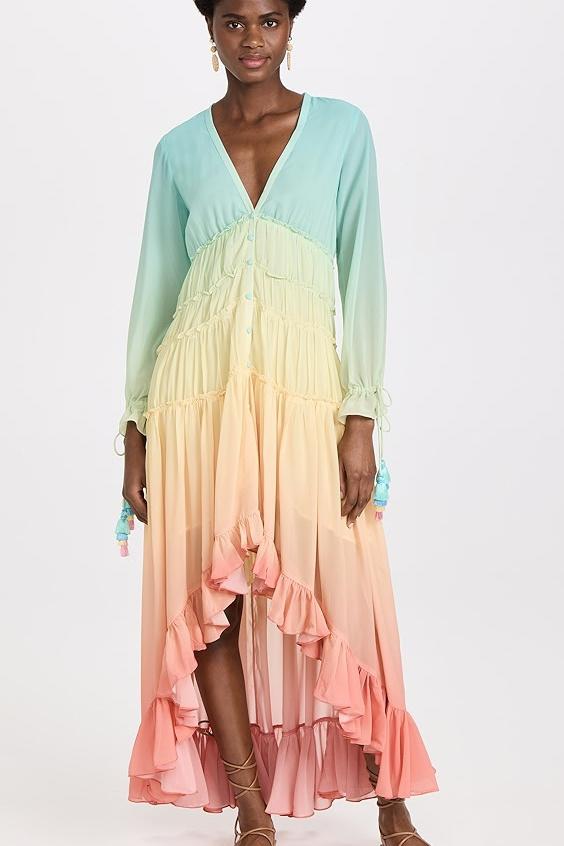 Güzel Gökkuşağı Degrade Fırfırlı Şifon Maxi Elbise