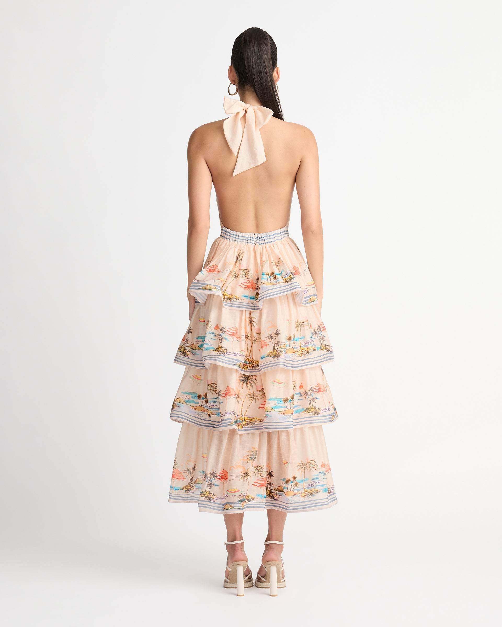 Alma Manzara Baskılı Katlı Boyundan Bağlı Uzun Elbise